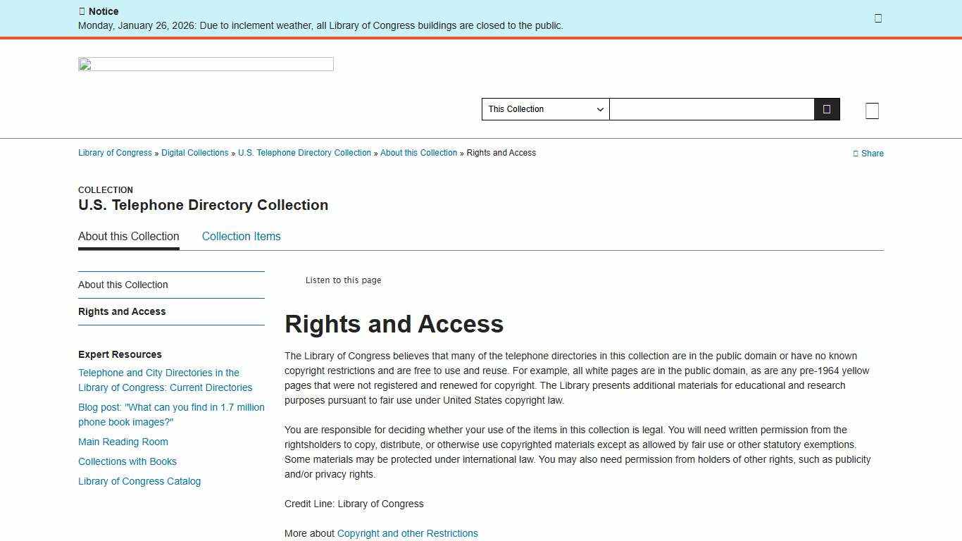 Rights and Access About this Collection U.S. Telephone Directory Collection Digital Collections Library of Congress